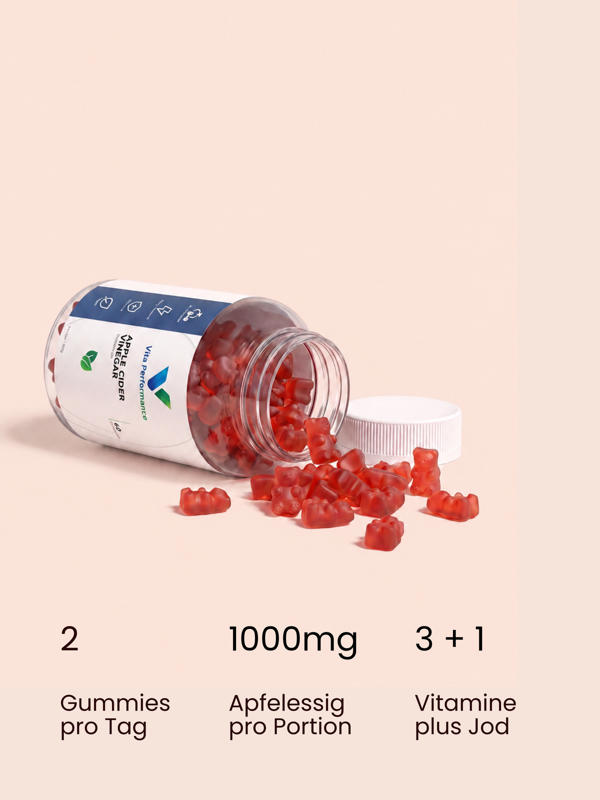 Geöffnete Dose Vita Performance Apfelessig-Gummies mit Erdbeer-Gummies